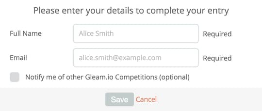 User details form on the Gleam campaign widget