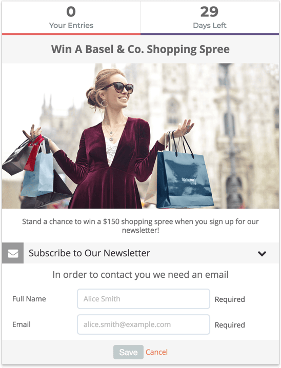 Gleam widget showing competition with subscribe to newsletter action with fields to enter name and email