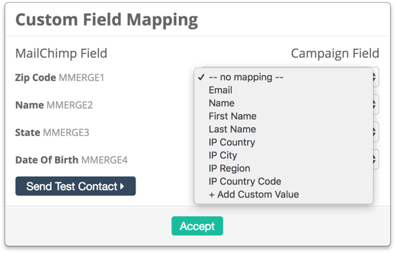 Gleam interface showing custom field mapping with mapping dropdown