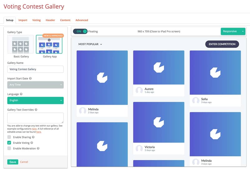 Enable Voting from Gleam Gallery setup
