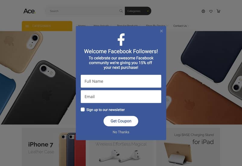 Welcome offer for Facebook Followers on e-commerce website