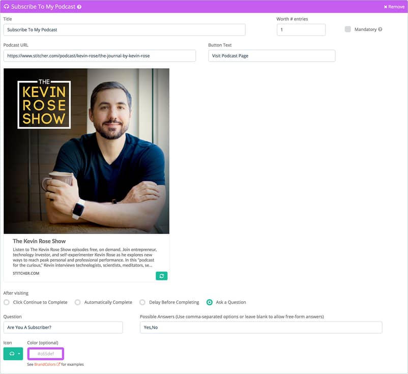 Admin view for Subscribe to a Podcast Action on Gleam.io