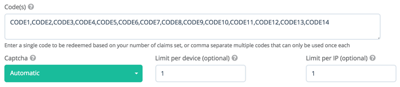 Enter coupon codes in the Code(s) field