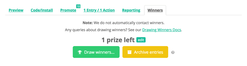 Gleam interface showing draw winners action