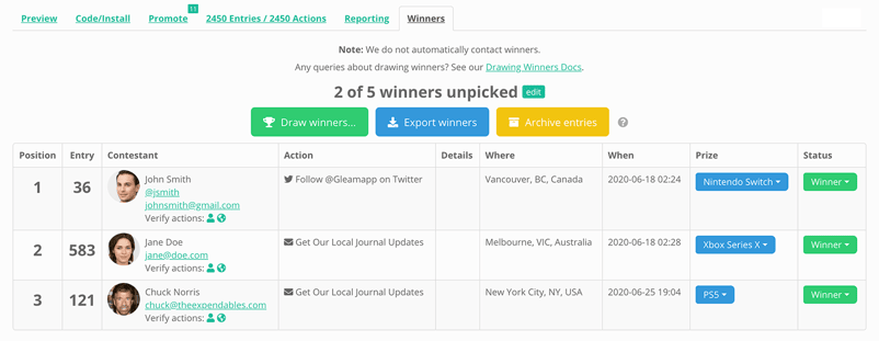 Gleam interface showing multiple prize winner drawing