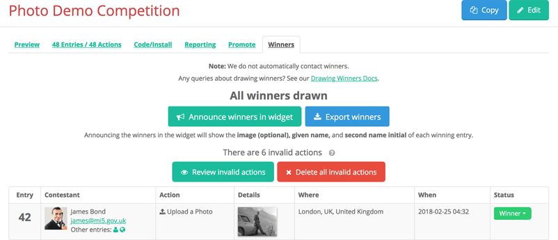 Winners tab for a Gleam Competitions campaign