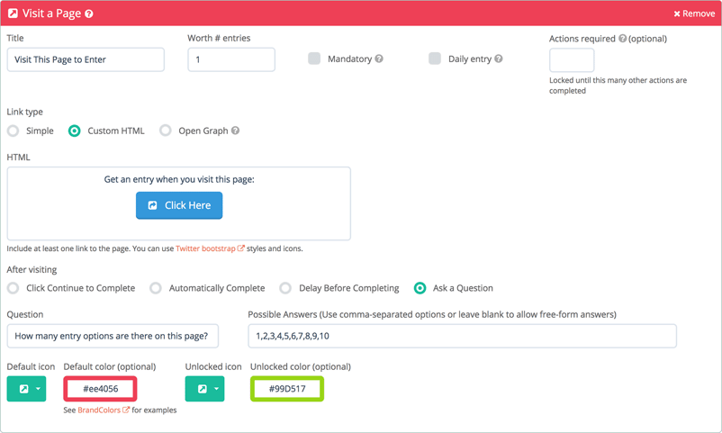 Advanced visit options for the Visit Action on Gleam.io