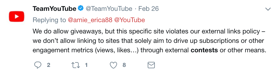 YouTube's Twitter response on their external links policy and external contests