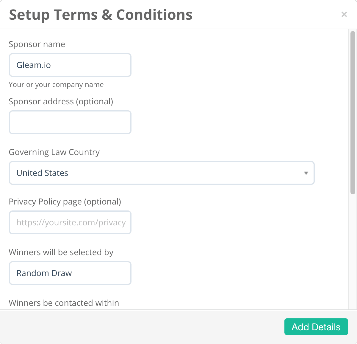 Optional fields to enhance your automatically generated terms & conditions on Gleam campaigns