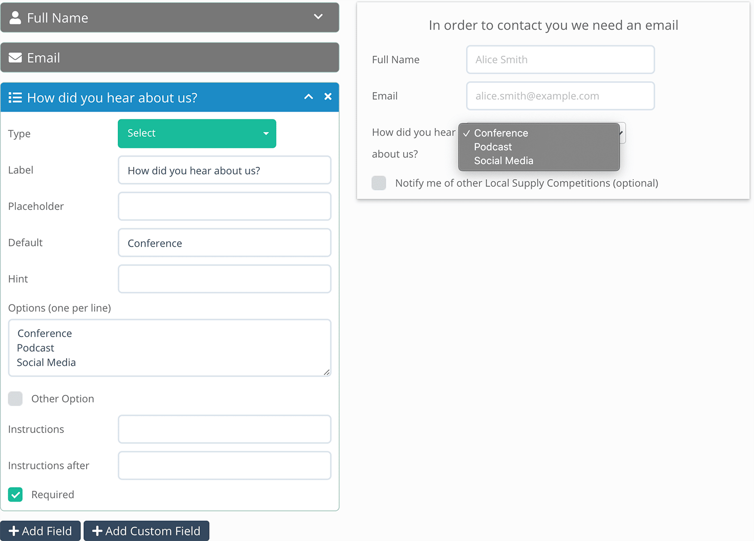 Adding custom fields from the User Details tab on the Gleam Competitions dashboard