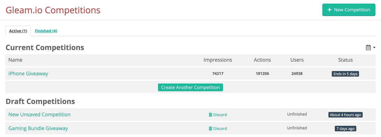 Competitions dashboard showing active & draft campaigns