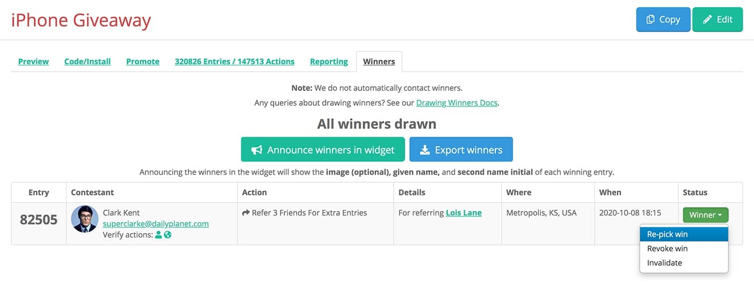 Select 'Re-pick win' from the winning entry's Status column