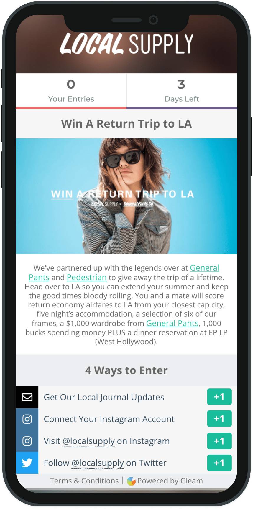 Gleam campaign landing page viewed on a mobile device