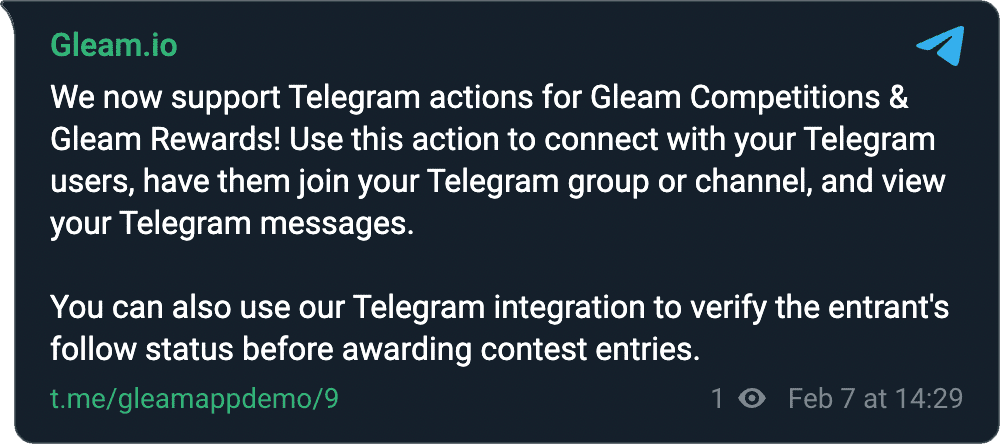 Telegram message in dark mode, green accent color, without author photo
