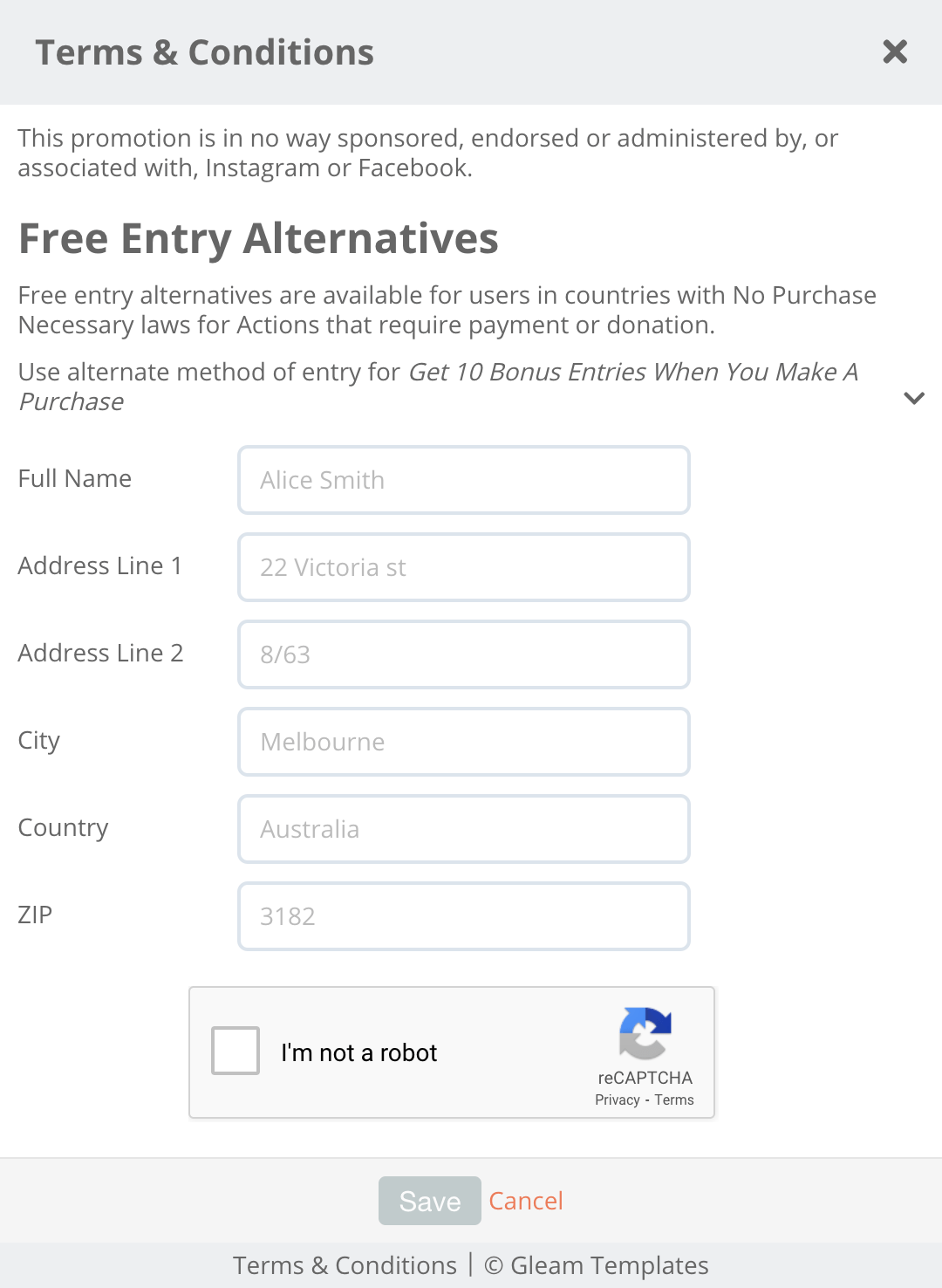 Gleam widget showing free entry alternatives action