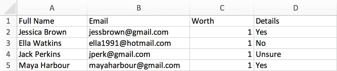 Table showing entrants name, email, worth and details