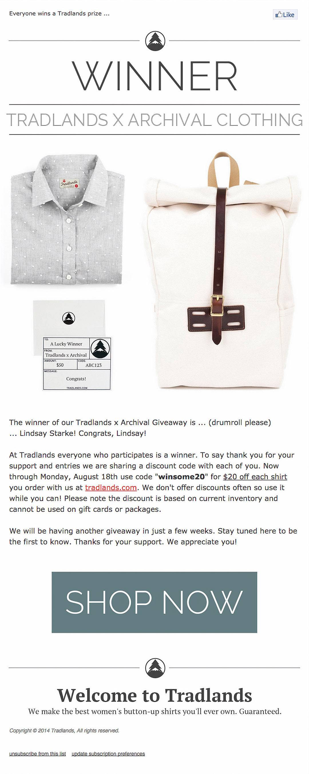 Promotional email blast for a giveaway campaign