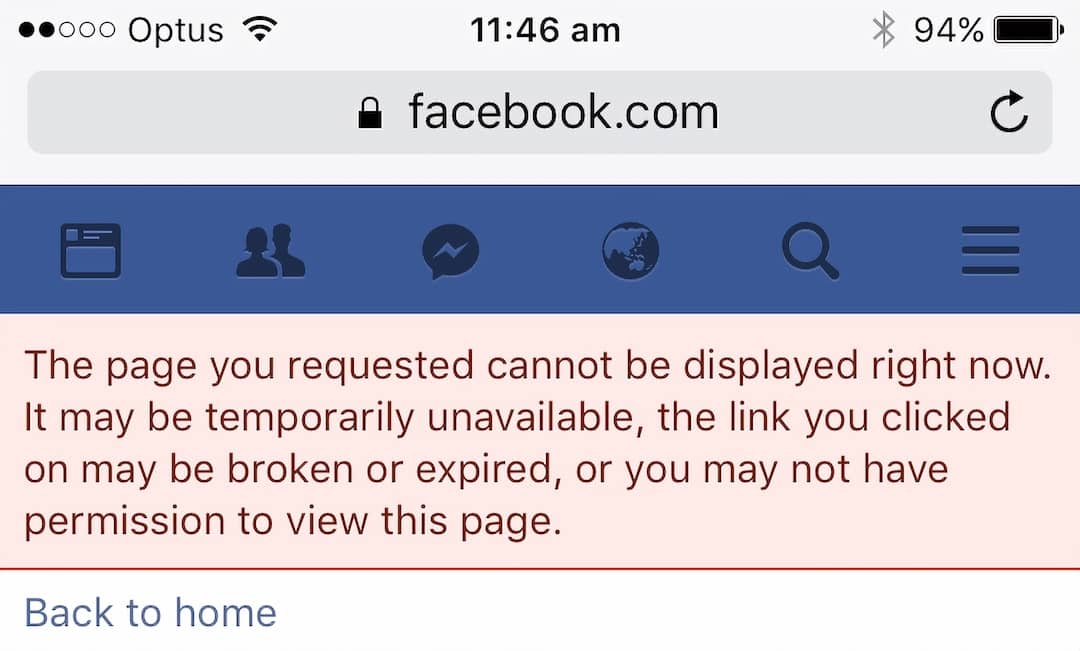 Facebook Tab URL on mobile returns an error
