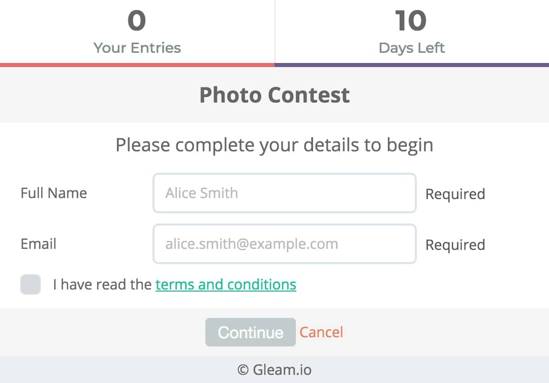 Obtain consent from users via the terms & conditions checkbox in the Gleam widget