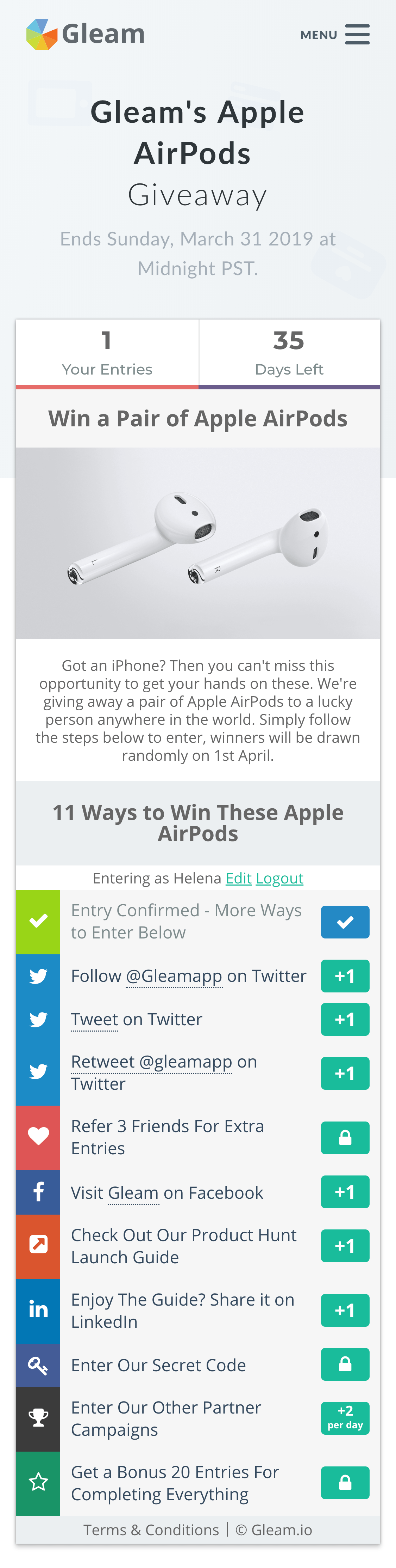 Mobile view of a Gleam giveaway campaign