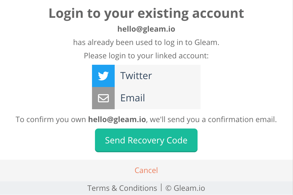Gleam widget showing login options with send recovery code button