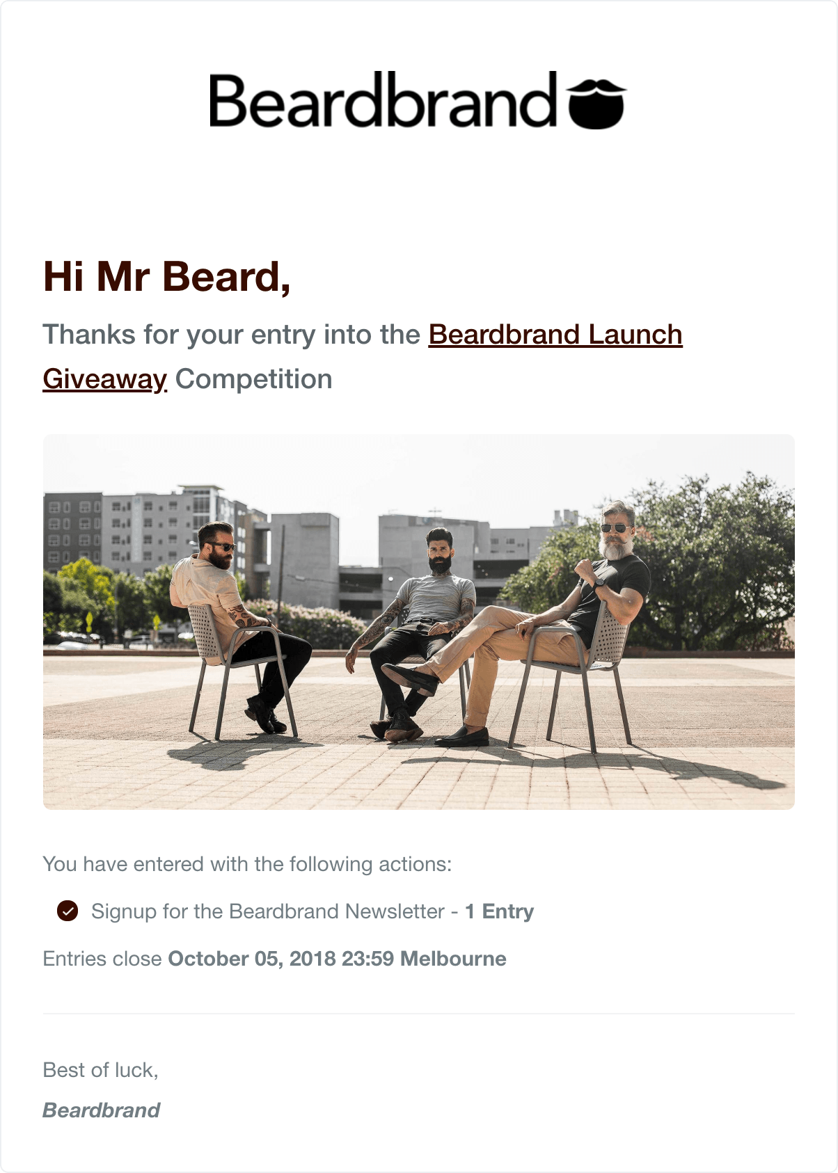 Beardbrand's post-entry notification email for Gleam campaigns