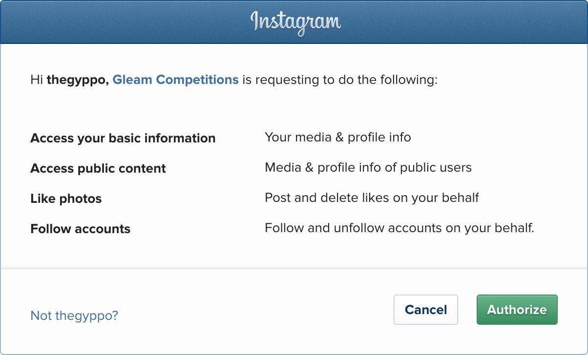 Authenticate your Instagram account to connect with Gleam