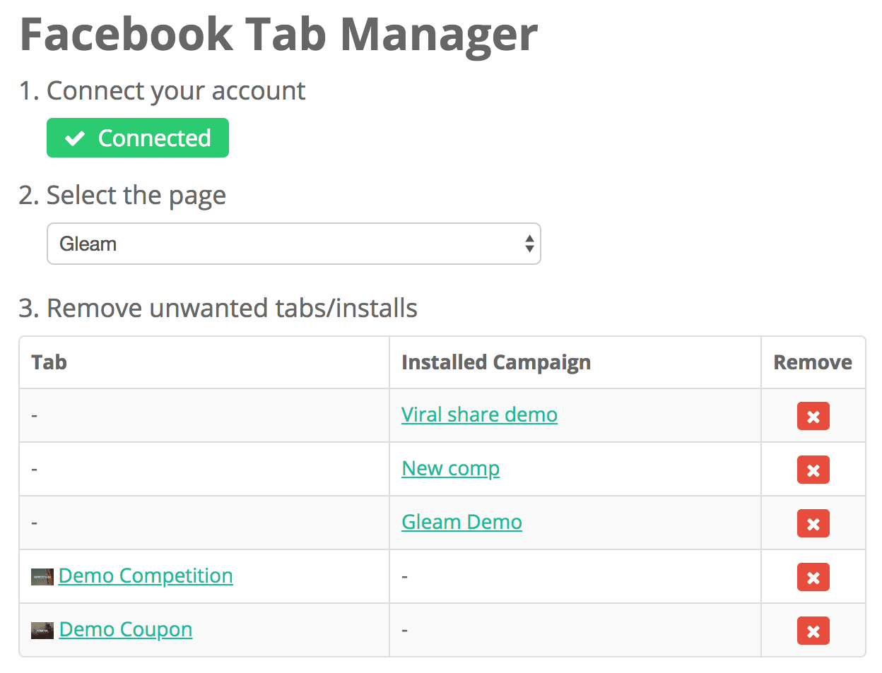 Facebook Tab Manager with Gleam Campaigns installed