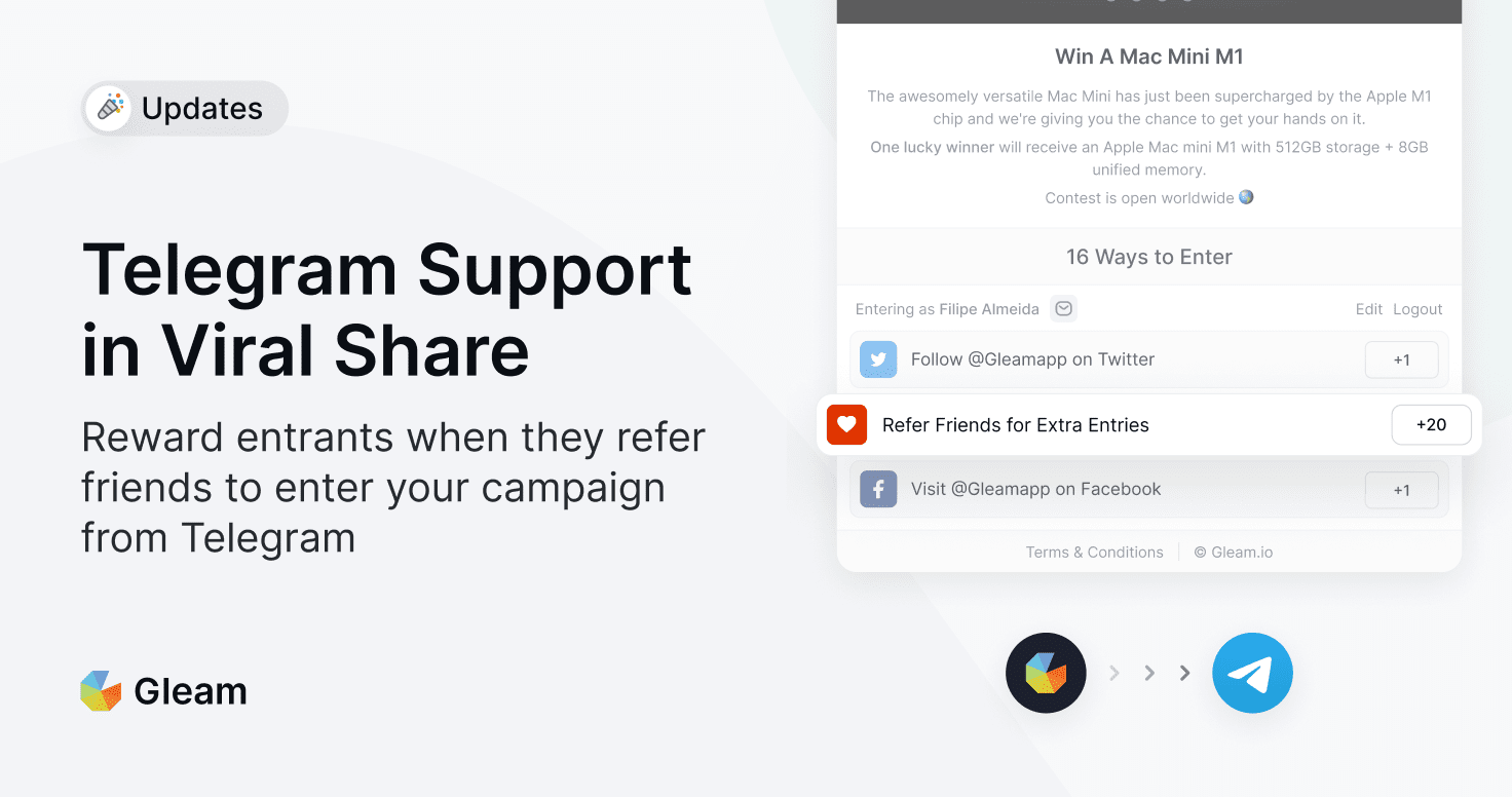 New Feature: Allow users to Viral Share your Gleam campaign on Telegram