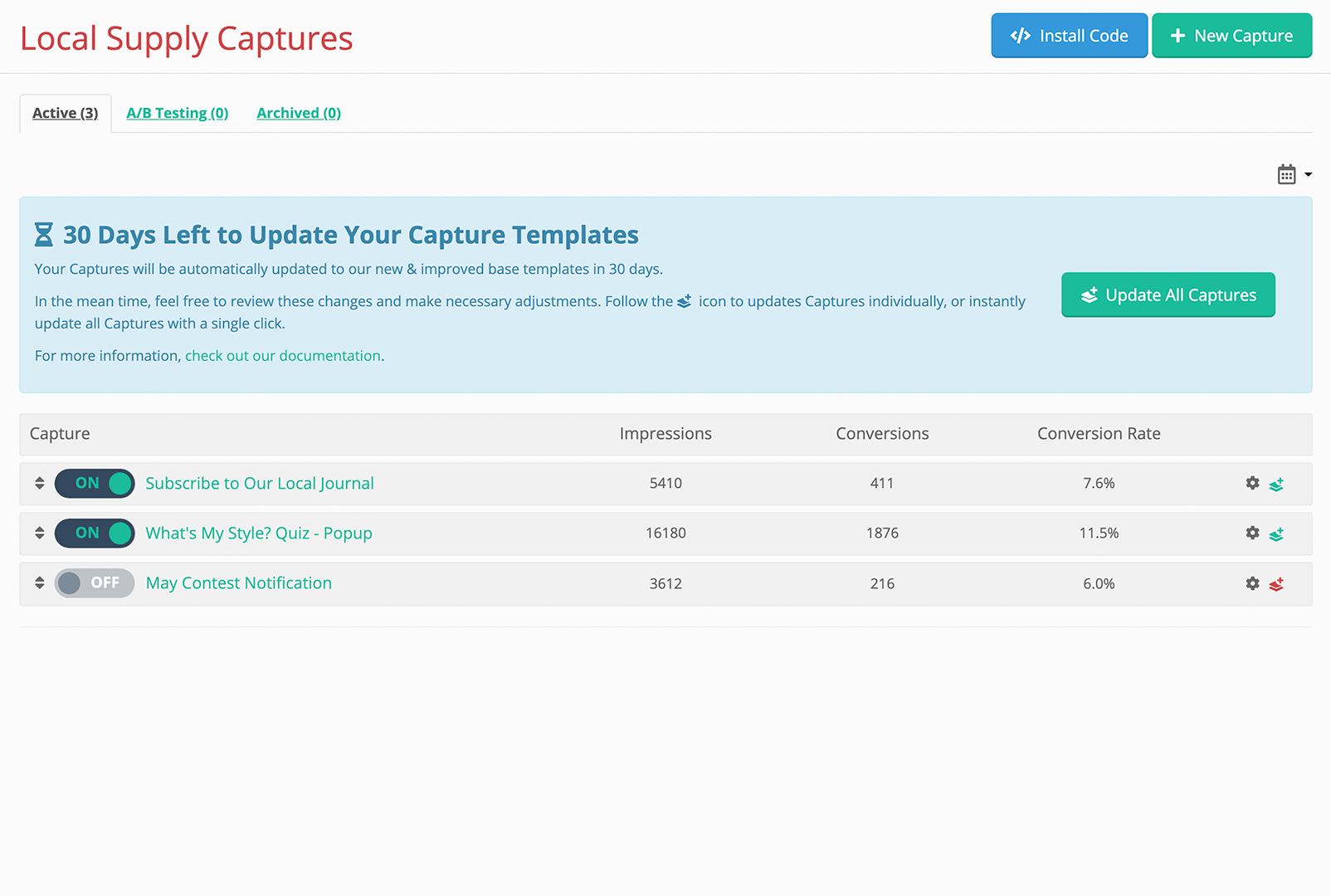 Gleam interface showing captures dashboard with 30 days left to update your capture template alert
