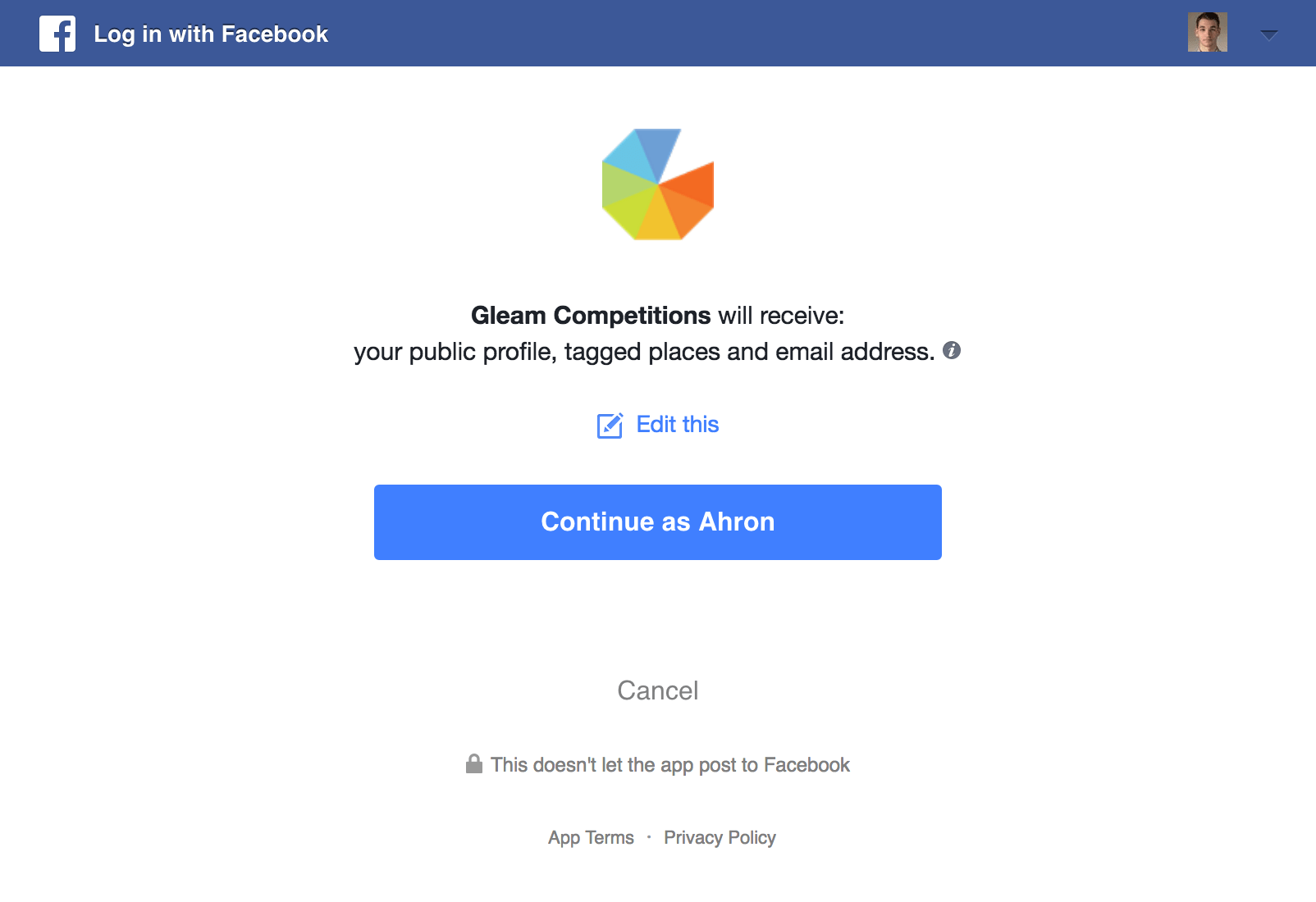 Facebook authorization page for Gleam