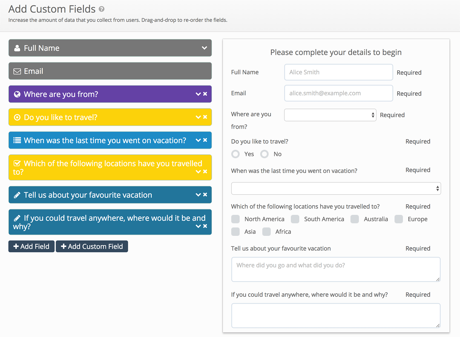 Set up a survey with the Custom Fields form
