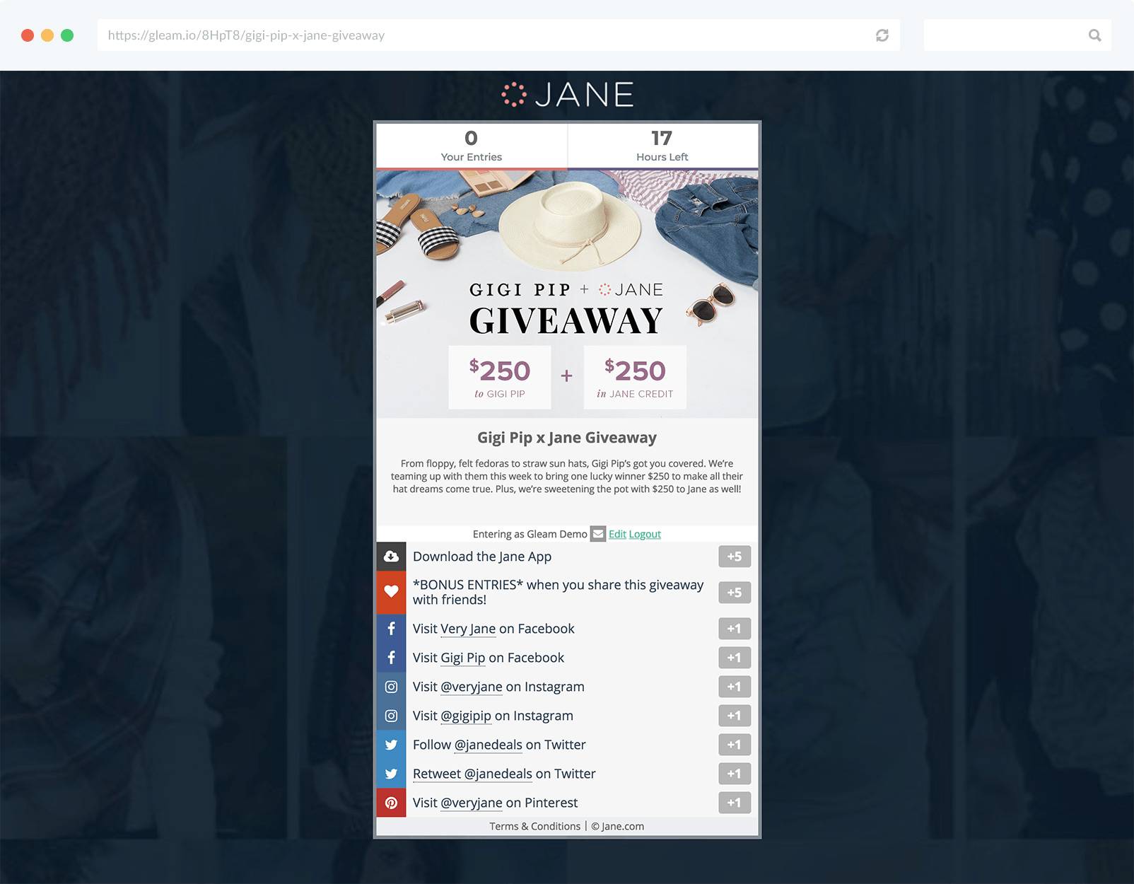 Custom hosted landing page for a Gleam giveaway campaign
