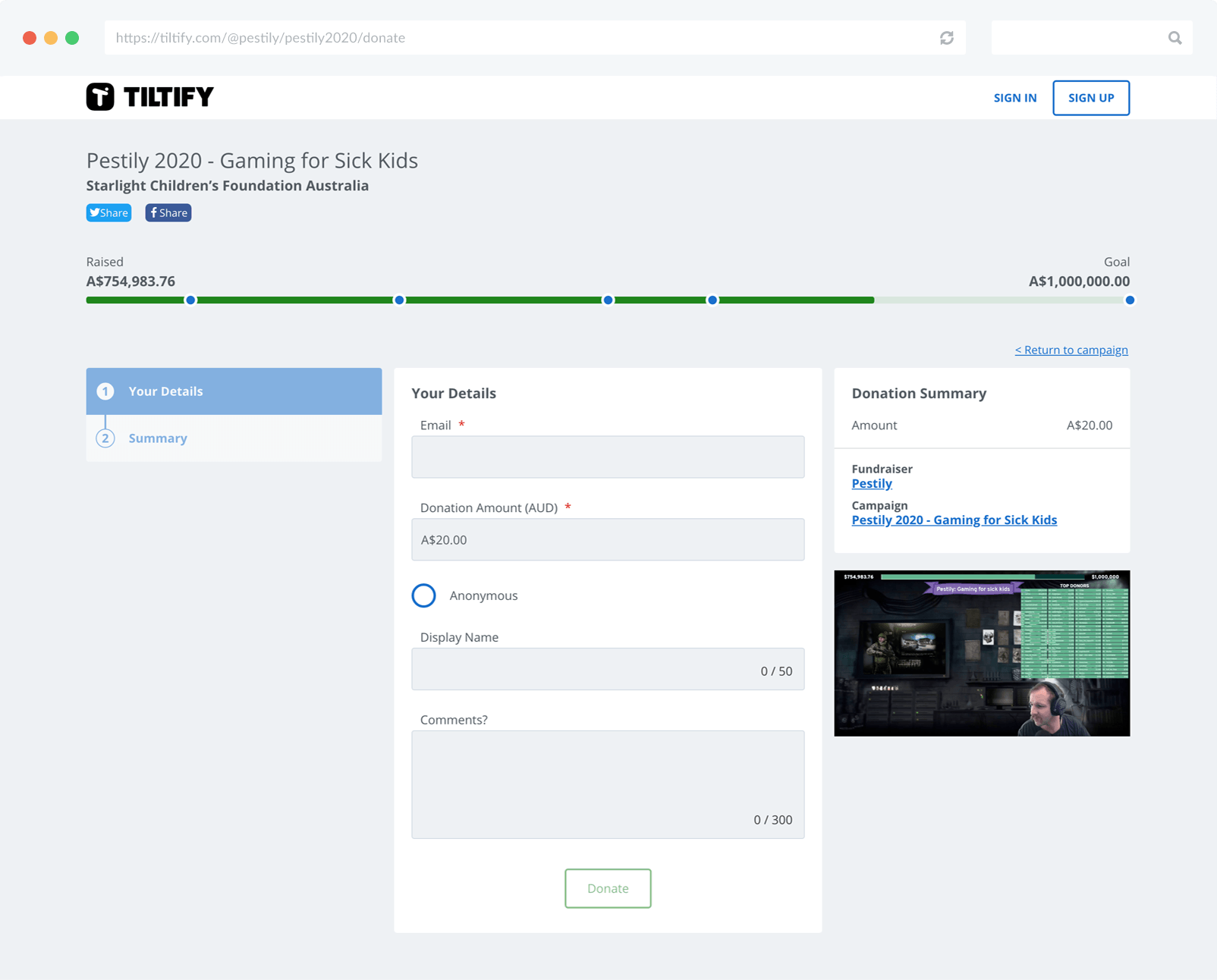 Pestily's 1M donation campaign on Tiltify