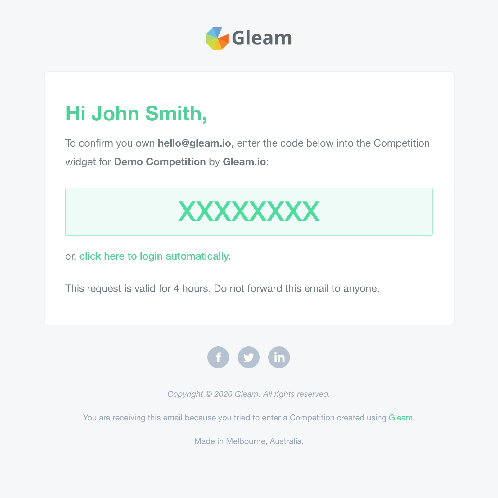 Gleam email showing recovery code