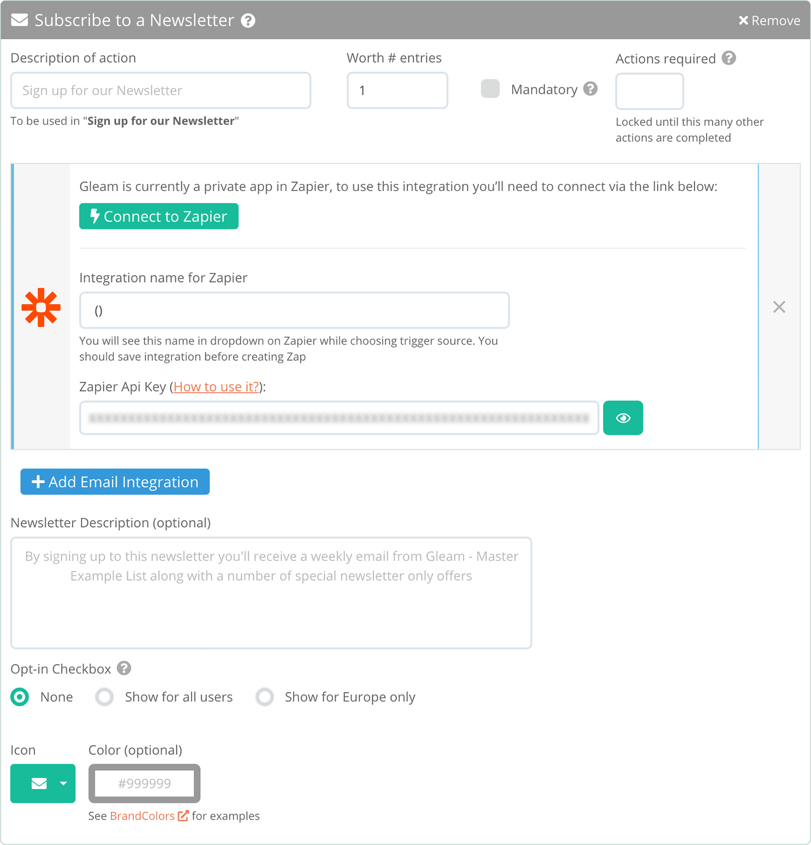 Gleam interface with Subscribe to Newsletter action and Zapier connected