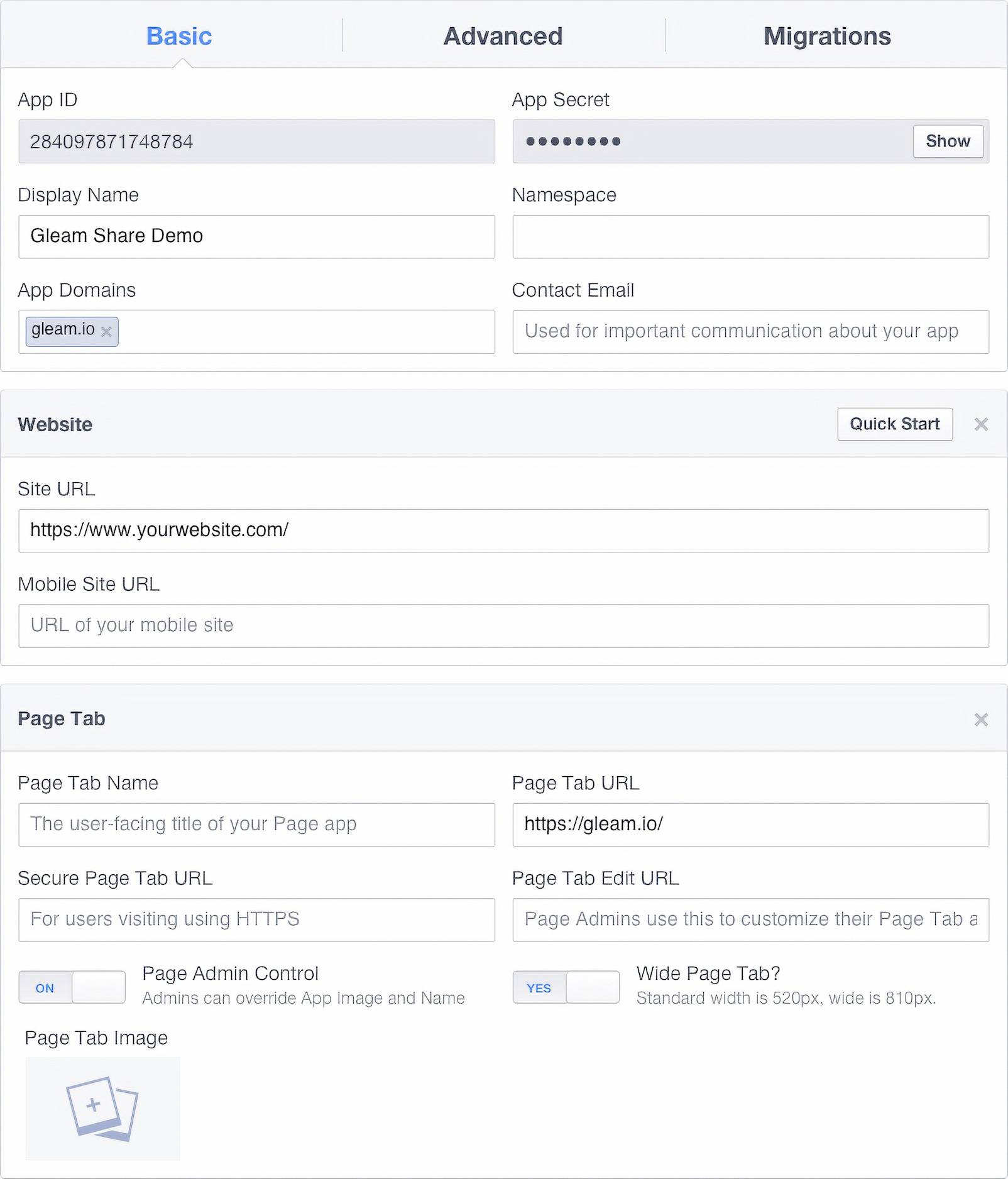 Facebook developers app showing settings
