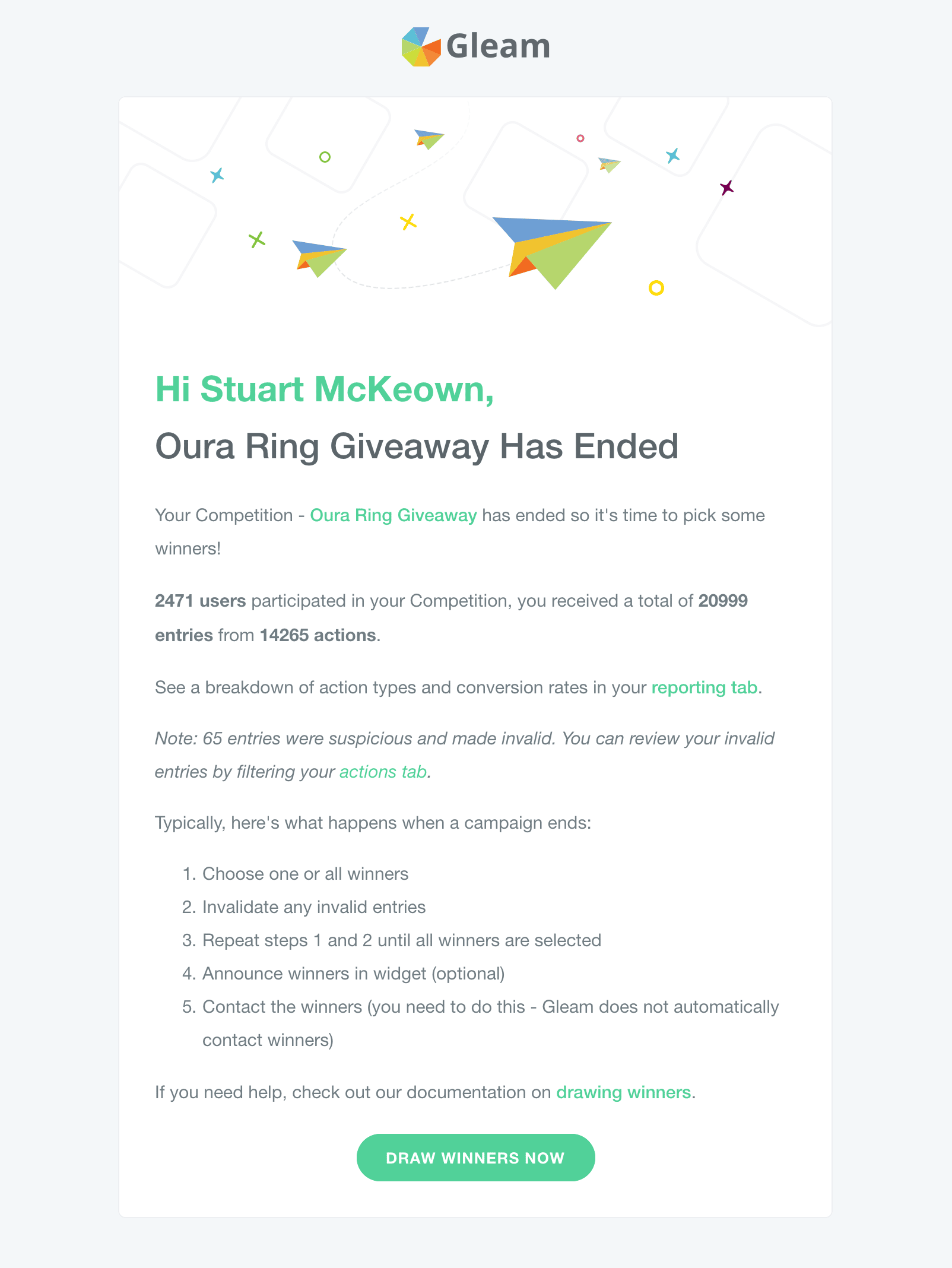 Campaign Ended Notification email for Gleam Competitions