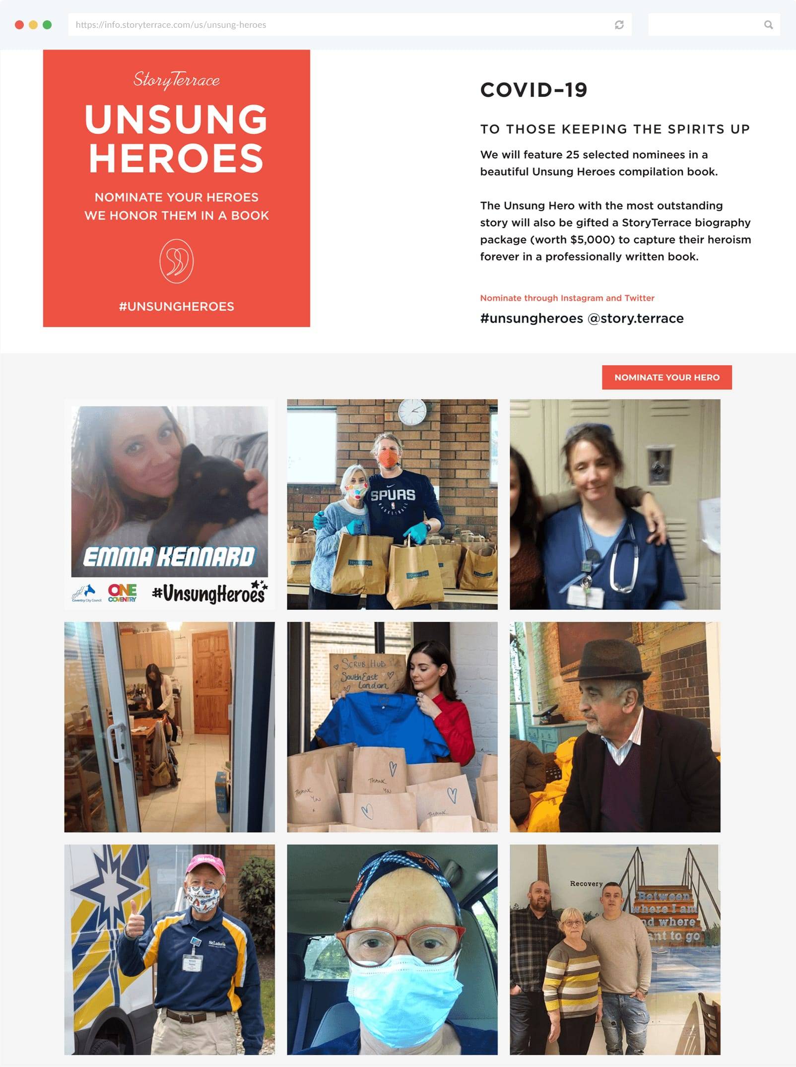 StoryTerrace's Unsung Heroes campaign landing page with photo gallery