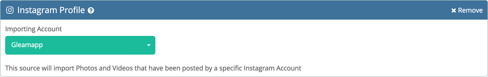 Gleam interface showing linked Instagram account for importing data