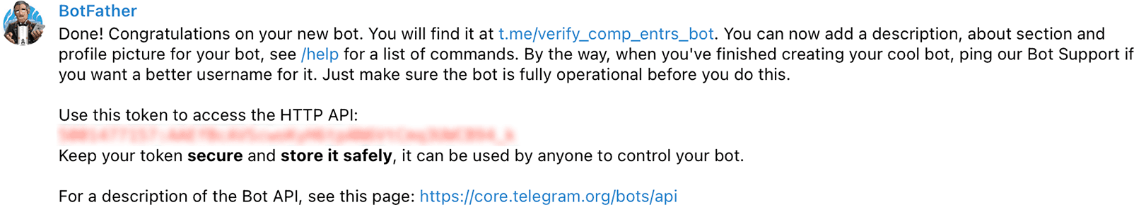 New bot created message from BotFather on Telegram interface