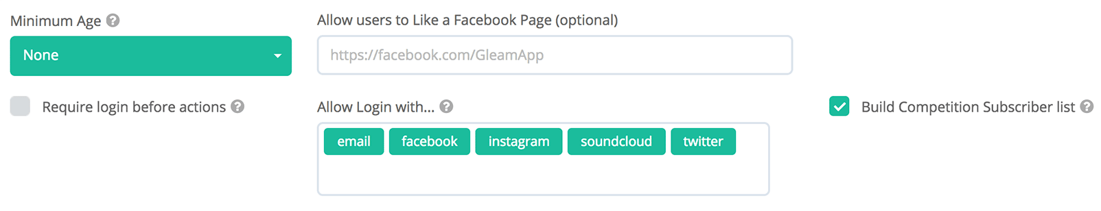 Gleam interface with build competition subscriber list option checked