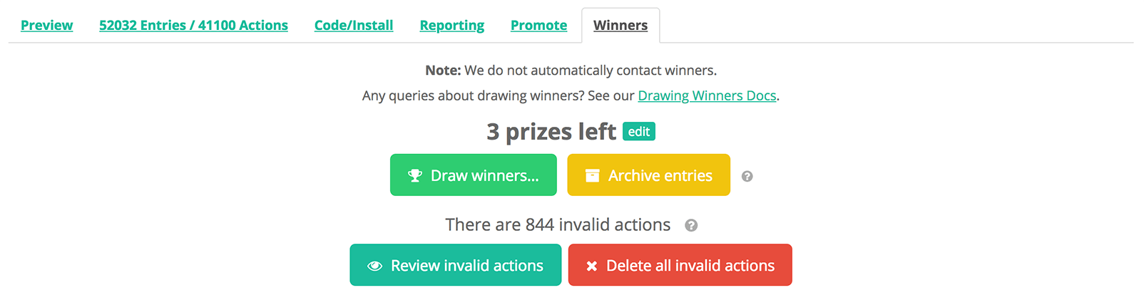 Winners tab on the Gleam Competitions dashboard