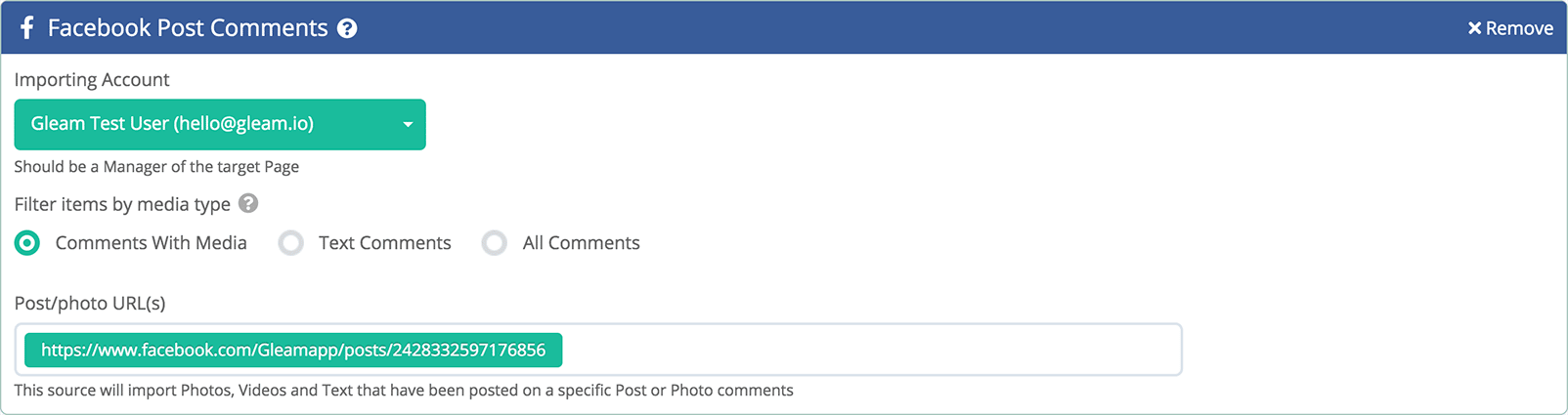 Gleam interface showing linked Facebook account for Facebook post/photo comments
