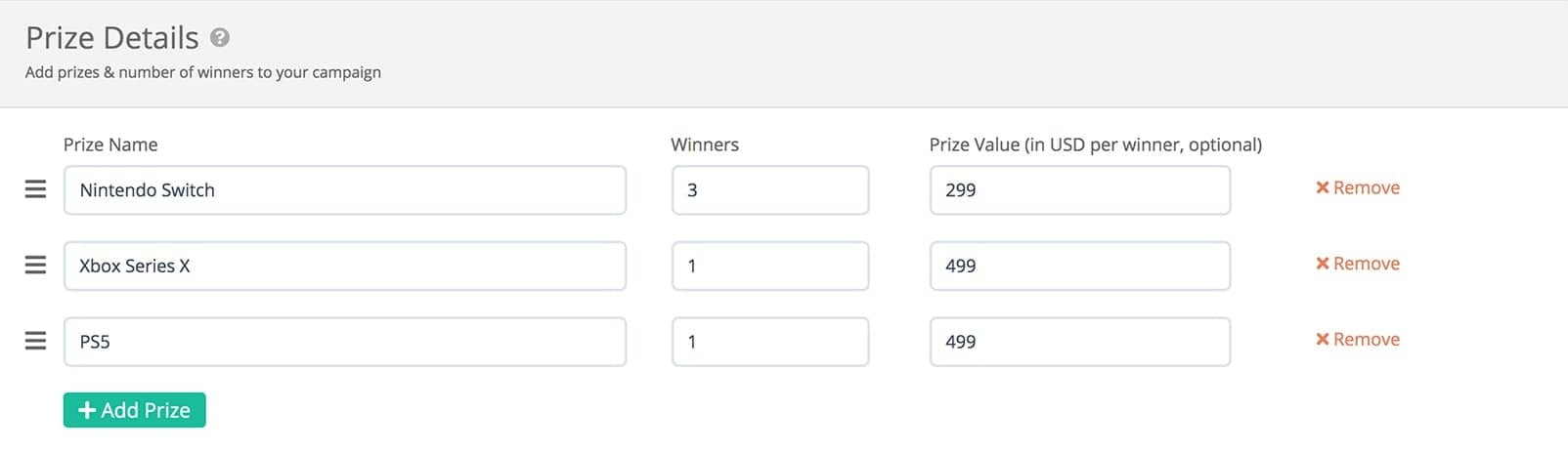 Gleam interface showing prize details with multiple prizes