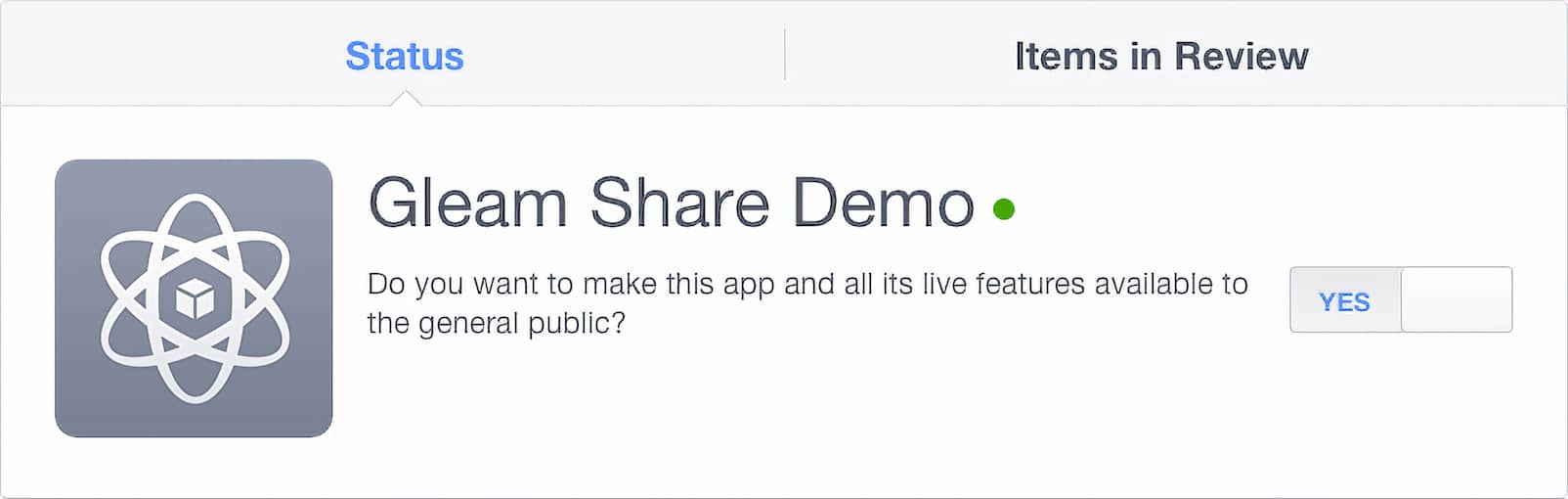 Facebook developers app showing Gleam share on