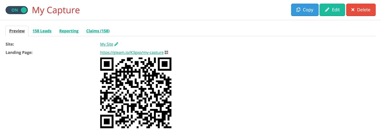 Get the QR Code for your Gleam Capture from the Dashboard