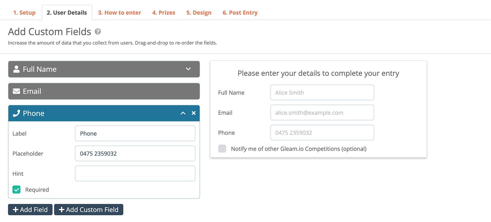 Add Phone Number Field to Gleam User Details Form