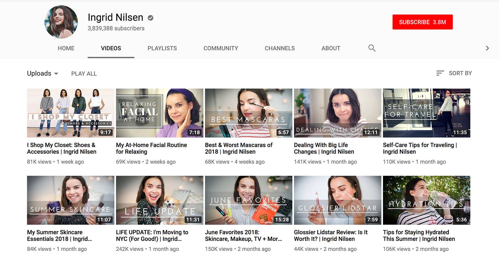 Ingrid Nilsen's YouTube channel page