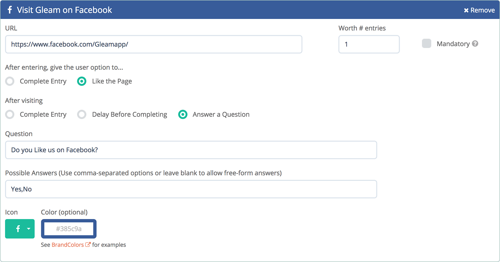 Gleam interface showing visit Facebook tab